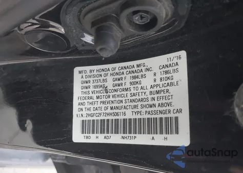 2017 Honda Civic Ex from USA, damaged, VIN 2HGFC2F72HH506116
